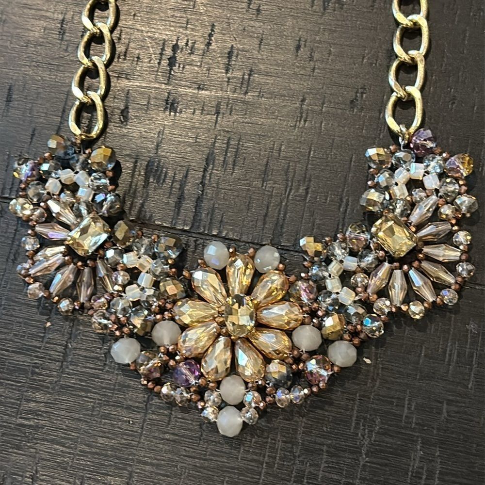 Aurora Borealis Floral Crystal Like Beaded Collar Statement Stunning Necklace